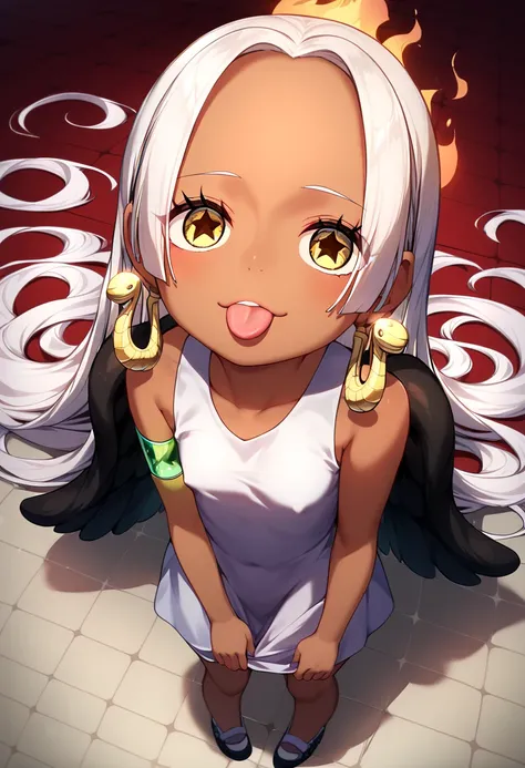 UHD, retina, textured skin, high details, high quality, best quality,  highres icon, 1080P, HD, 16k、1 Girl,Earthsnake , Long Hair, white hair, Brown Skin、,  earrings for a woman alone, Yellow Eyes, symbol-shaped pupils,  black wings  ,  small breasts.  sun...