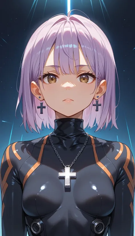 extreme close up, front face light, An anime girl with short pony hairs,  lavender hair styled, dressed in a sleek, high-neck black and silver bodysuit with intricate circuitry patterns. She has soft brown eyes, a black choker with a tiny cross pendant, an...