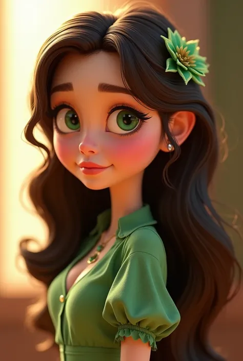 A very pretty 3D Pixar-style woman, young face with delicate features, long wavy dark brown hair that highlights golden locks, she has light green eyes and wears a green blouse with ruffles on the sleeves and a long skirt, she is wearing an accessory in he...