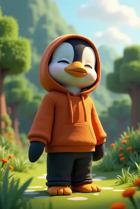 Minecraft character penguin with black pants orange hoddie with hood and orange shoes cheerful long hoddie and nature as background he asks himself 