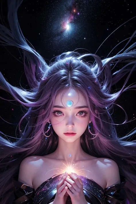 A surreal, ethereal woman whose entire face and body are fully integrated with the colors, textures, and light of deep space, with no trace of human skin tones. Her facial features and body contours are composed entirely of swirling galaxies, vibrant nebul...