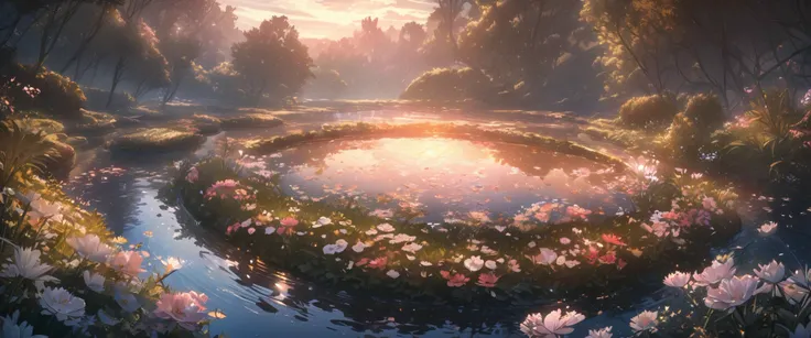 masterpiece, best quality, extremely detailed CG unity 8k wallpaper, a magical pond in the evening, finely detailed, cinematic lighting, highres, flowers bloom，（（（Spring morning））） .super wide angle（（（masterpiece）））, （（best quality））,（（Intricate details））,...