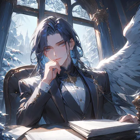 Romance fantasy portrait of an elegant man sitting at his desk in a winter office. He has deep navy blue hair reaching his shoulders and bright grey eyes that emit a cool aura. His expression is calm and graceful, yet carries a subtle sense of solitude as ...