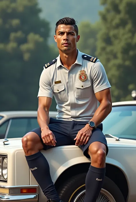 Cristiano Ronaldo sits in a car dressed as a police officer