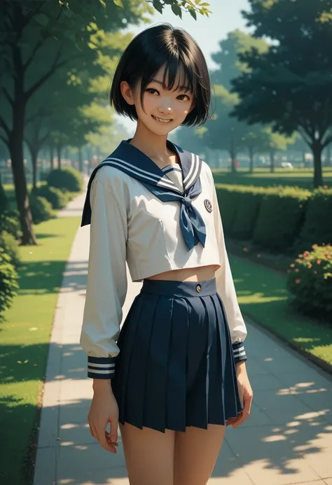 Asian,slender,black hair,very short hair,flat chest,sailor suit,park,smile