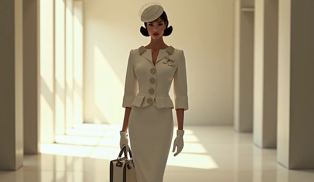 Early 1960s (1962): Socialite in an elegant ensemble, sheath dress with three quarter sleeves, perfectly tailored to the figure, stand up collar with a bow, skirt just above the knee, box jacket with bracelet sleeves, large decorative buttons, pillbox hat ...