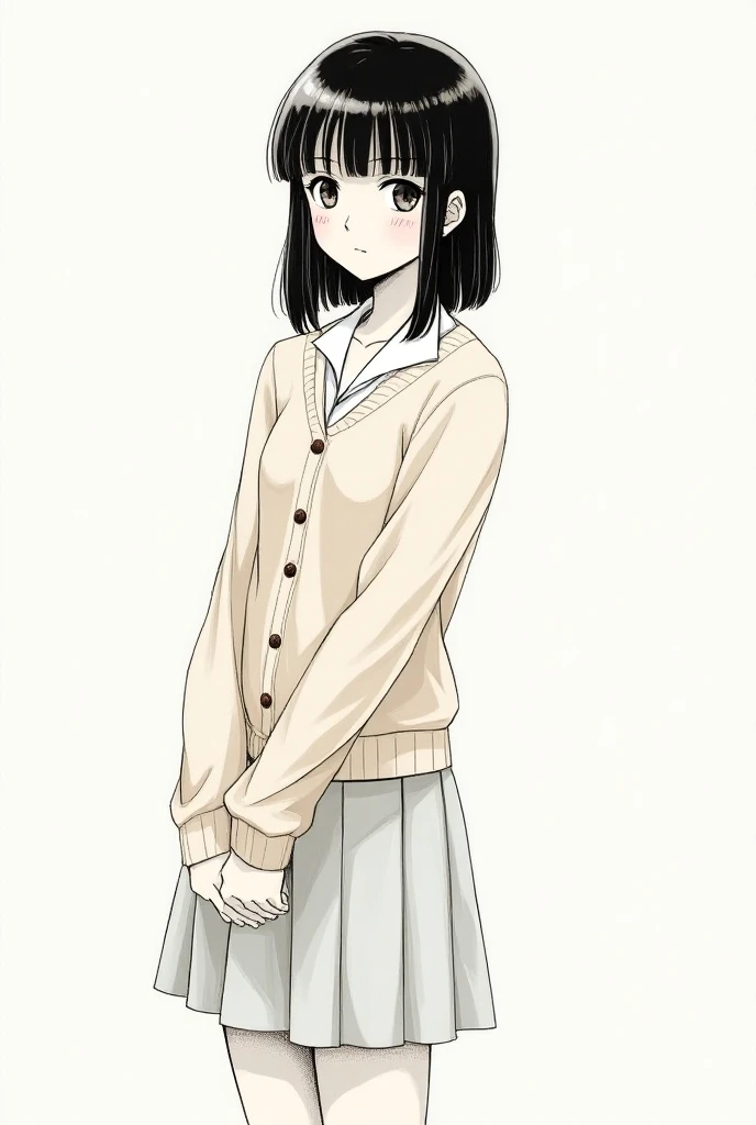 a girl wearing beige cardigan over her school uniform  manga artstyle black and white