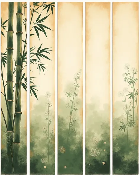 There are six vertical bamboo plaques. The color scheme combines warm bamboo tones, with most of the middle and top left white, and the bottom bottom of each plaque combining to form a complete green landscape ink painting, creating a harmonious and natura...