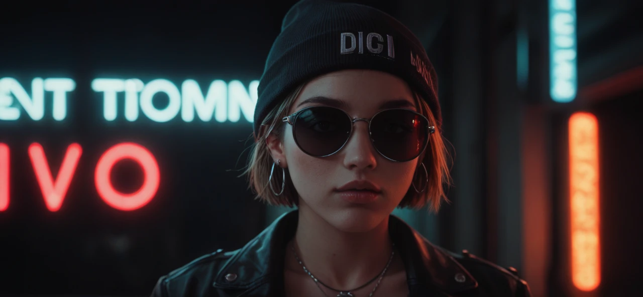 Face close up, alternative girl, watching over black sunglasses, jacket, necklace, neon light reflections on skin, ear ring, makeup, skin imperfection, short hair, beanie, neon lights background, low light, depth of field, highly detailed, high contrast, f...