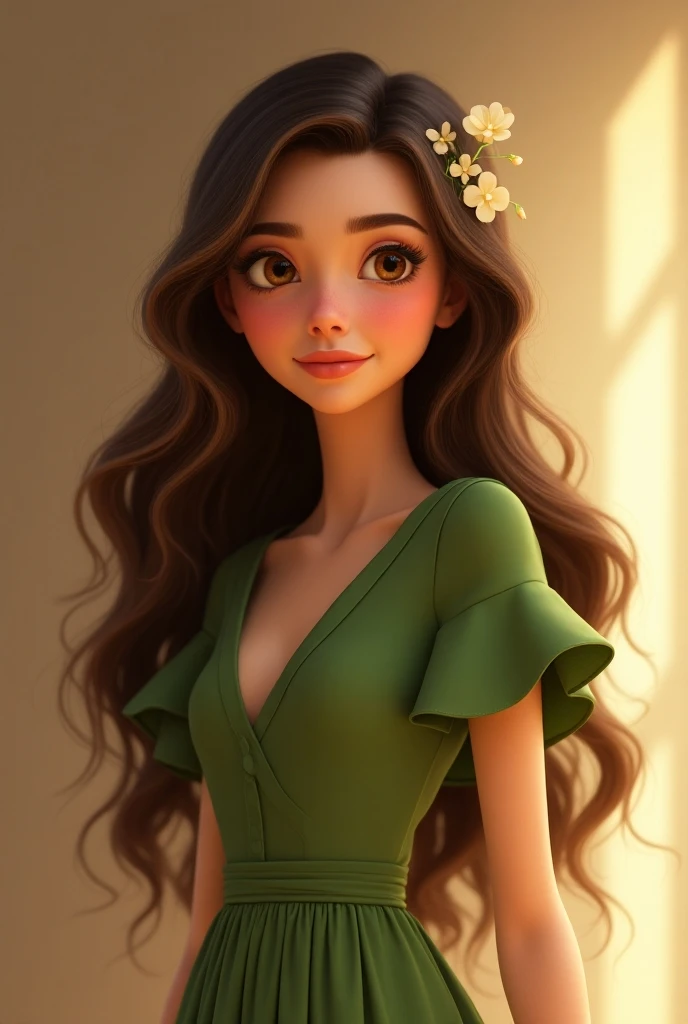 A very pretty 3D Pixar-style woman, young face with delicate features, long wavy dark brown hair that highlights golden locks, she has honey-colored eyes and wears a green blouse with ruffles on the sleeves and a long skirt, she is wearing an accessory in ...