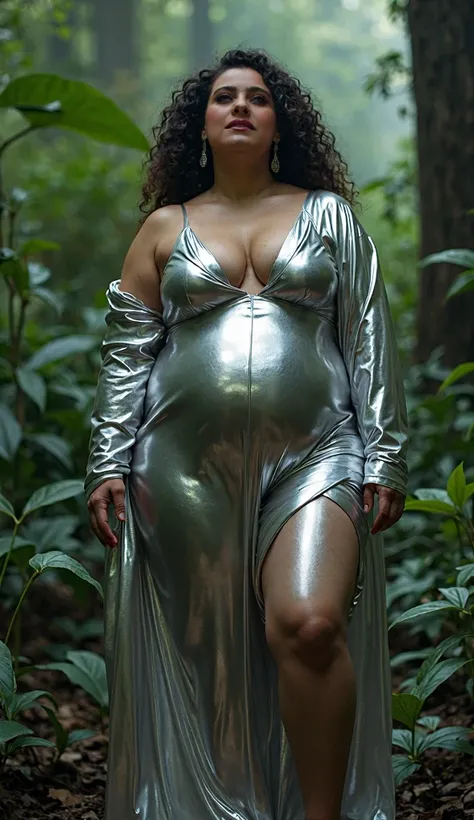 A cyberpunk flux art form closed eyes Moaning face standing full nude understand silver latex sheet in deep forest,plus size indian woman around 40+ curly hair shiny blue eyes, silver rounded shape simple Earrings, big thighs, looking at viewers