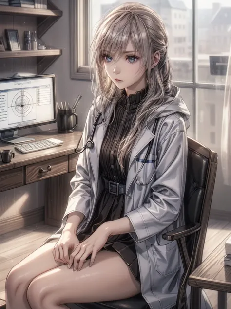 A high-resolution, 8K image of a beautiful young woman dressed as a doctor, sitting in a modern medical consultation room and waiting for her next patient. She is wearing a white doctor’s coat over a professional outfit, with a gentle and reassuring expres...