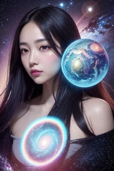 A surreal, ethereal woman whose entire face and body are fully integrated with the colors, textures, and light of deep space, with no trace of human skin tones. Her facial features and body contours are composed entirely of swirling galaxies, vibrant nebul...