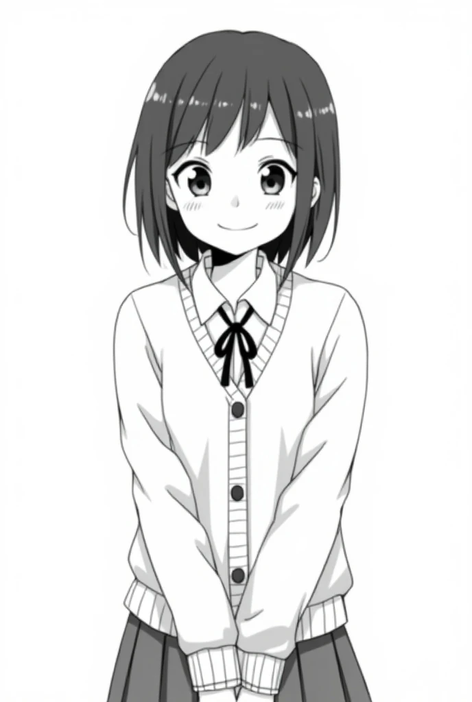 a girl with beige cardigan over her uniform smiling manga artstyle black and white 