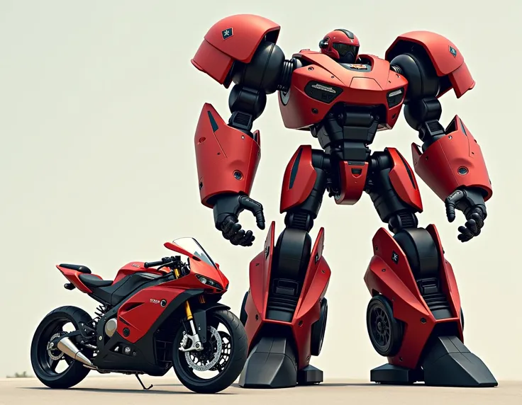 The red and black HONDA wave 101 motorcycle transforms into a robot as big as a car, and the red HONDA wave 101 motorcycle is parked next to the robot. The transformed robot has 2 wheels and a seat. On the chest there is a handle and a helmet. The size of ...