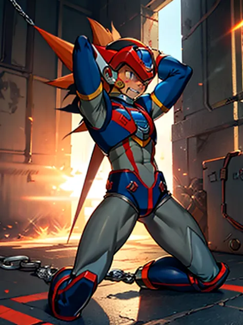 axl(mega man x)　axl　boy in tights 　 helmet 　kneeling　 realistic skin　全身boy in tights 　 raises arms　boy in spats 　 is chained　 ar...