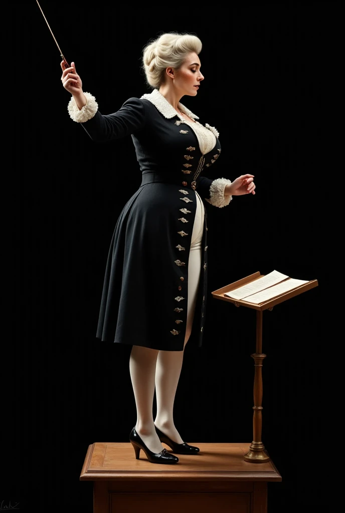 Photorealistic picture from the side, featuring a woman conducting a philharmonic orchestra. (dynamic pose:1.5) Black background. She is standing on a pedestal with a conductors baton in hand. Note stand with sheet music. She is wearing a 1700s century out...