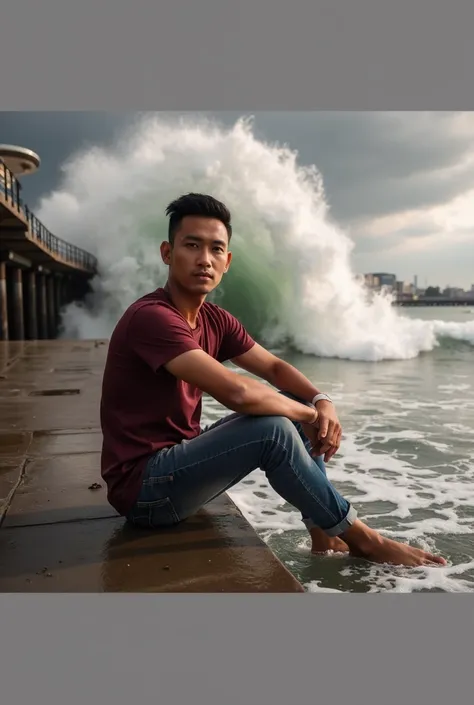  Professional photography featuring a 
Handsome Indonesian man with short neat dark hair ,  wearing a maroon t-shirt , long jeans, sitting leaning on the pier ,  half a foot deep in the water ,  he smiles sweetly towards the camera ,  huge waves blow over ...