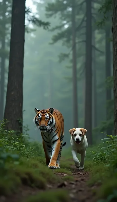 A wide shot of Raja the tiger leading Max through a dense forest, with towering trees and a misty atmosphere. The tiger walks with purpose, and the dog follows closely behind, both making their way through the wild.