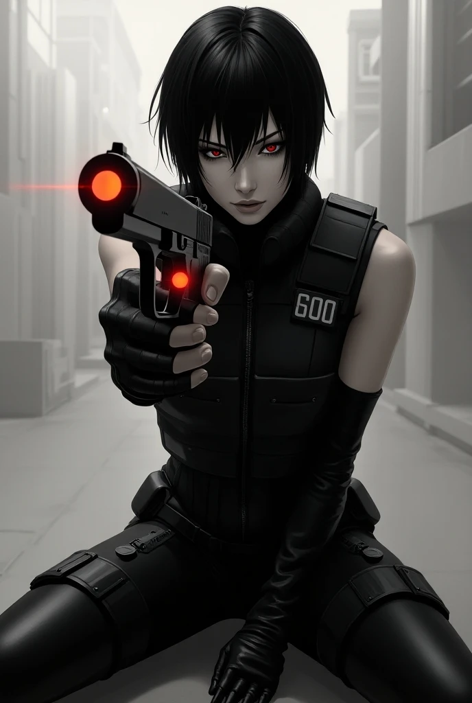 (masterpiece, Distinctive Quality , mirror-like , Cinematic Experience ,insanely detailed,absurdres),8k, wallpaper,,(Best illustrations:2.0),(a woman:2.0),(Motoko Kusanagi:2.0),(  Ghost in Shell  :2.0),(Black tactical bodysuit:2.0),(Heavy black bulletproof...