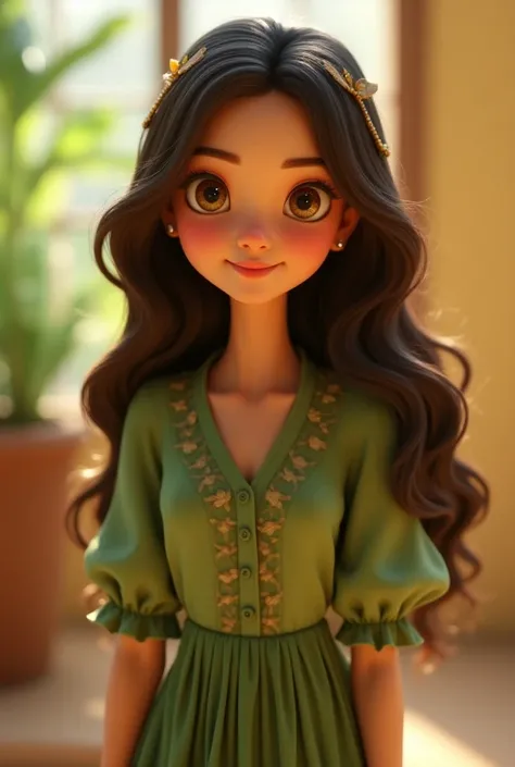 A very pretty 3D Pixar-style woman, young face with delicate features, a wide and full color, long wavy dark brown hair that highlights golden locks, she has honey-colored eyes and wears a green blouse with ruffles on the sleeves and a long skirt, she is w...