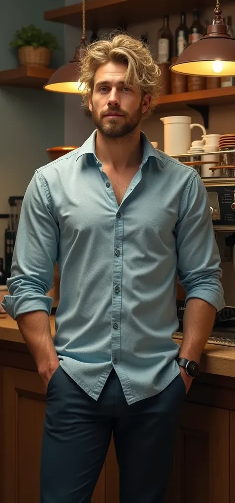 A realistic image of a character standing in front of a coffee machine. He is wearing classy pants and a light blue patterned shirt. He is around 1.85 meters tall and weighs approximately 95 kilograms. The character has blonde hair, a beard, and long curly...