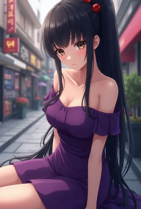 score_9, score_8_up, score_7_up, source_anime,
tenkaadachi ,  Tenka Adachi ,  black hair,  brown eye , Side tail,  long hair , hair bobbles,
shorts, shoulder less dress,  dress , purple  dress ,
 outdoor ,  cityscape , seat, shop,
 looks at the shooter,  D...