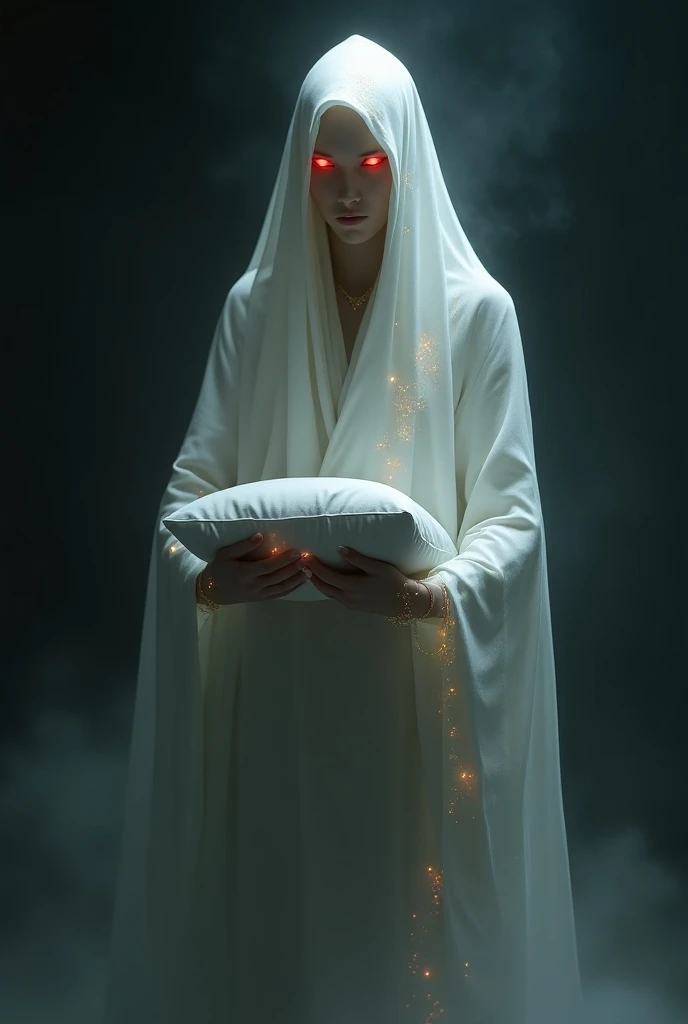 The being is a mysterious apparition that exudes an eerie, almost protective aura. It wears a thick, opaque, floor-length robe in a pure white tone, flowing like fabric and seamlessly enveloping the body, with no visible form or contour of the face or body...