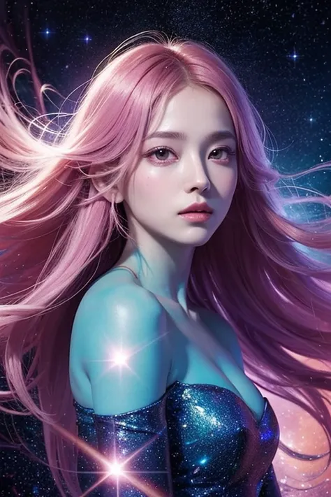 A surreal, ethereal woman whose entire face and body are fully integrated with the colors, textures, and light of deep space, with no trace of human skin tones. Her facial features and body contours are composed entirely of swirling galaxies, vibrant nebul...