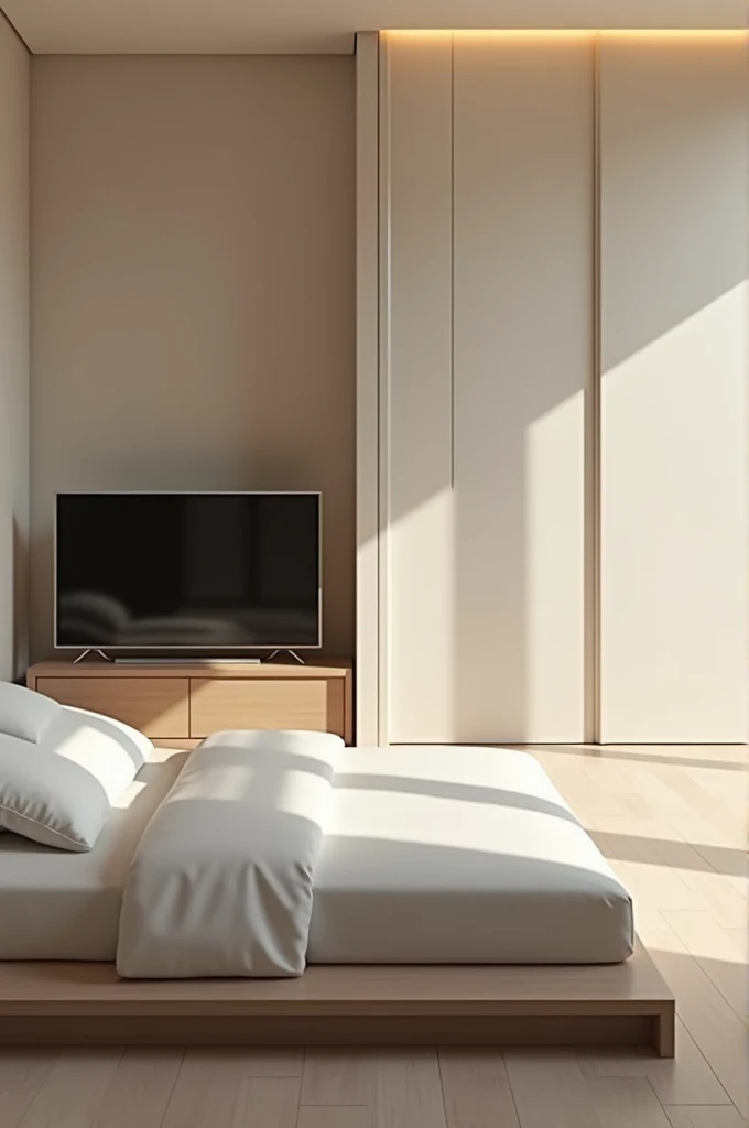 A bedroom with a minimalist bed, a tv and closets
