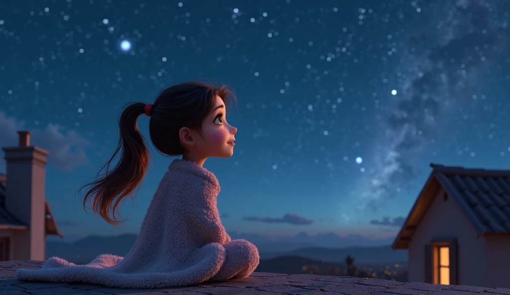 A girl from , with brown hair tied in a ponytail, sitting on the roof of a house on a starry night. She is wrapped in a blanket due to the cold night. The stars are big and shine brightly in a cloudless sky, with a faint haze of galaxies in the background....