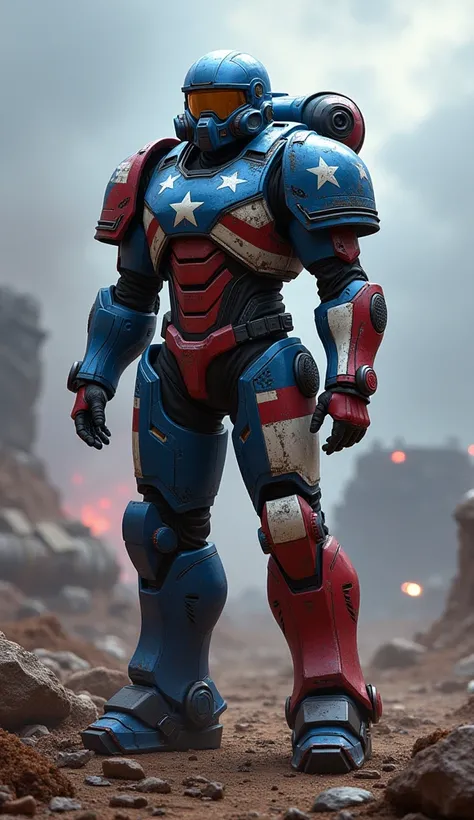 A Space Marine in armor inspired by the American flag, with stars and stripes in red, white, and blue, standing on a futuristic battlefield.