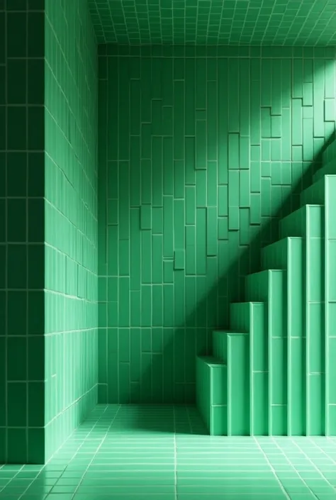  A modern bathroom with green rectangular tiles forming a geometric pattern, starting from the center of the wall and gradually ascending towards the ceiling.