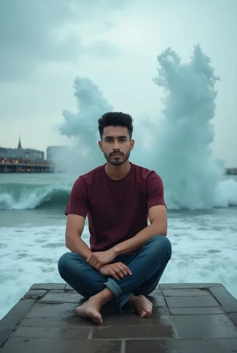  Professional photography featuring a 
Handsome Indonesian man with short neat dark hair ,  wearing a maroon t-shirt , long jeans, sitting leaning on the pier ,  half a foot deep in the water ,  he smiles sweetly towards the camera ,  huge waves blow over ...