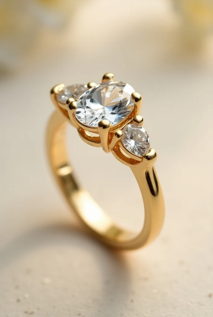 A three stone gold engagement ring. The center stone is 0.8 carat and oval. The side stones are smaller and pear shaped. The color is yellow gold. 