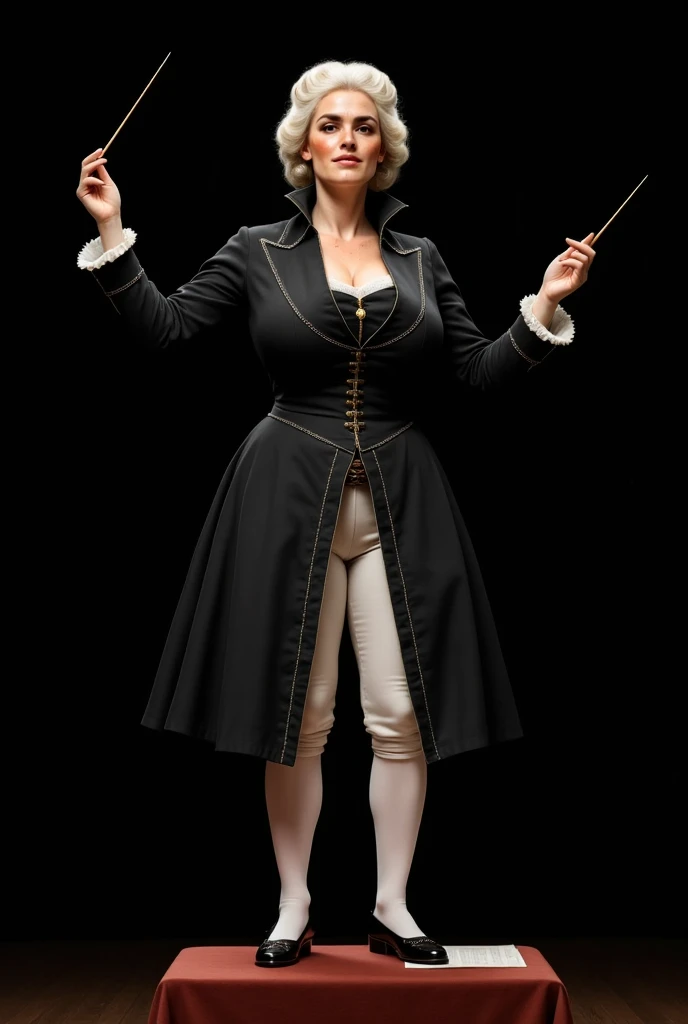 Photorealistic picture featuring a woman conducting a philharmonic orchestra. (dynamic pose:1.5) Black background. She is standing on a pedestal with a conductors baton in hand. Note stand with sheet music. She is wearing a 1700s century outfit, black tail...