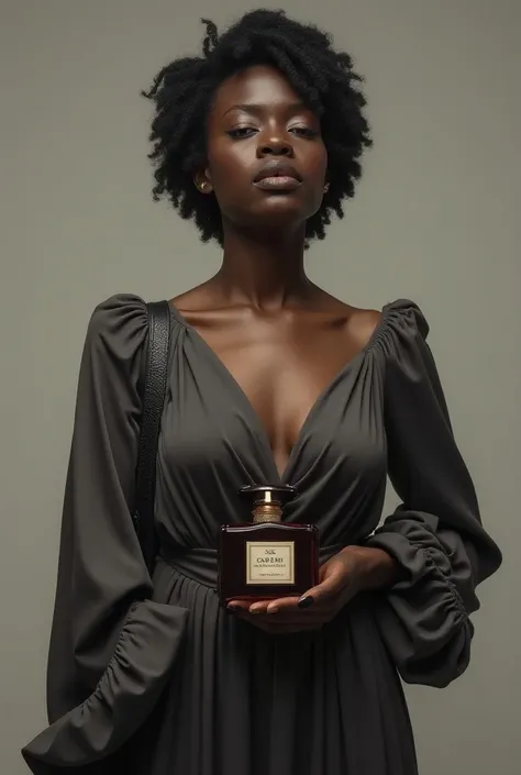 A black woman arrested with a smile having worn a dress and a handbag displaying a perfume 