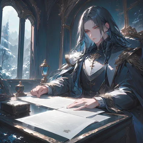 A noble man with shoulder-length deep navy hair and bright grey eyes sits at an ornate desk in a winter office. His pristine uniform accentuates his dignified presence as he holds documents, lost in thought. His calm yet lonely expression suggests deep con...