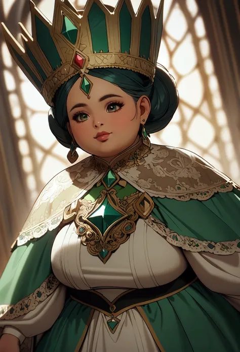 Chubby Mexican woman dressed as a green queen