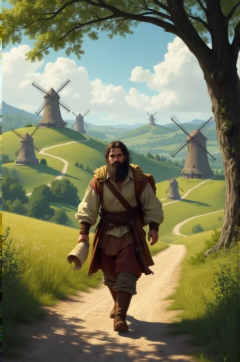 Picture of medieval man holding a ,  map running on a tree-lined road with windmills in the hills. 