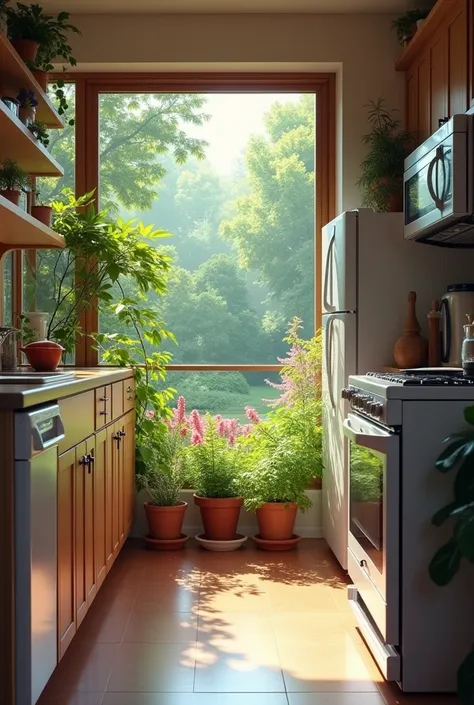  The kitchen room with kitchen  , microwave  ,  refrigerator and a view of the garden 
