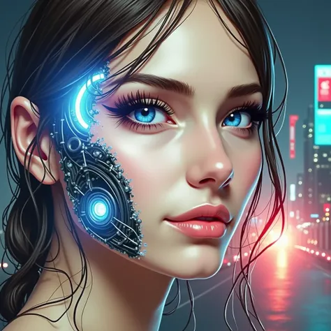 a beautiful russian girl on the right side of the picture, cleavage, dark cyberpunk city background, half of her face shows blue glowing wires like a terminator