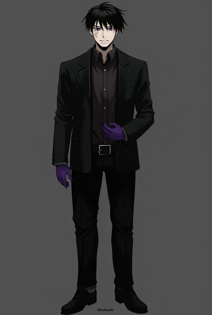 Sex: male
Age: 40 years old
Height : 193cm
Weight: 100kg
Appearance : A man with black hair and artificial violet eyes. His face is scarred and he has an intimidating expression that makes him look dangerous. He is wearing a black suit with black shirt and...