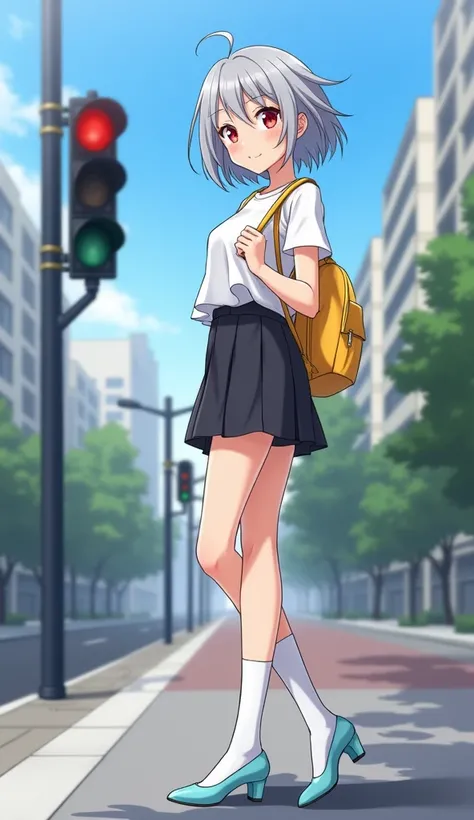 masterpiece, Best Quality,  Hi-Res,  very detailed,((( pretty girl with gray hair who has decided to pose))), ((( Japanese Anime ))), ((( unkempt short hair ))), ((( white t-shirt ))), ((( black miniskirt))), ((( white high socks ))), (((pretty girl with l...