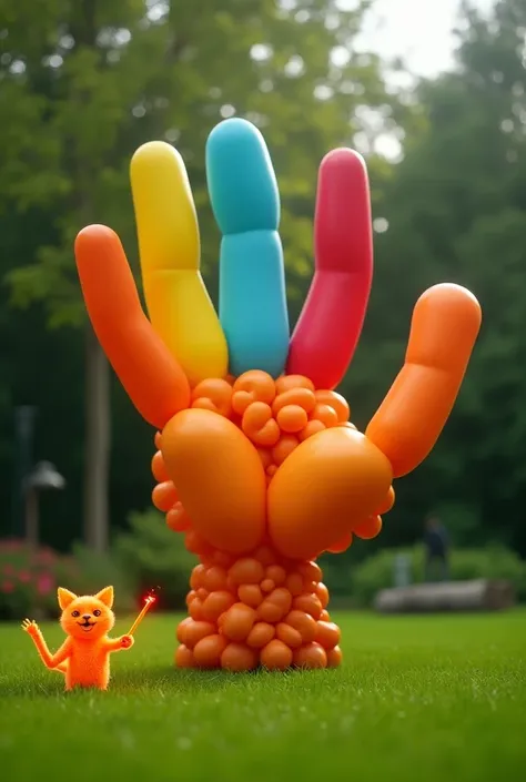 10 feet Hand like balloon each fingers in different colours, placed on green lawn, 1 feet orange cat with glowing magic stick standing near and showing like magician 