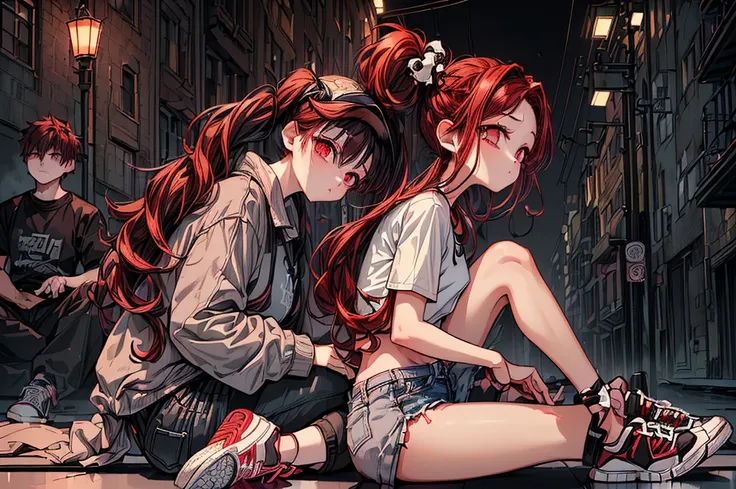 1girl,( side view , From afar:1.5),( sitting at an angle on the floor:1.5),(urban lonely street background, Streetlight,  dark night , moonshine:1.5),(City background,  Sports Jacket , denim shorts and black leggings, Crop Tee,Cyberpunk,  Dark Sky , Neon L...