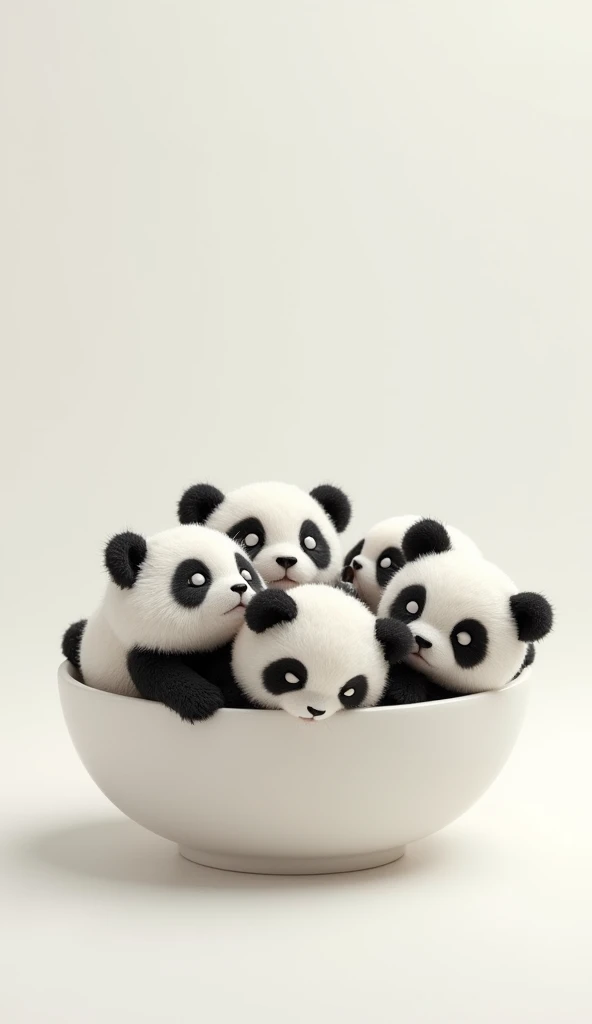 **Prompt:**

A charming, imaginative scene featuring a small, white ceramic bowl at the center, filled with tiny, playful baby pandas. The pandas, with their round faces and fluffy black-and-white fur, are delicately arranged in the bowl. Some are curled u...