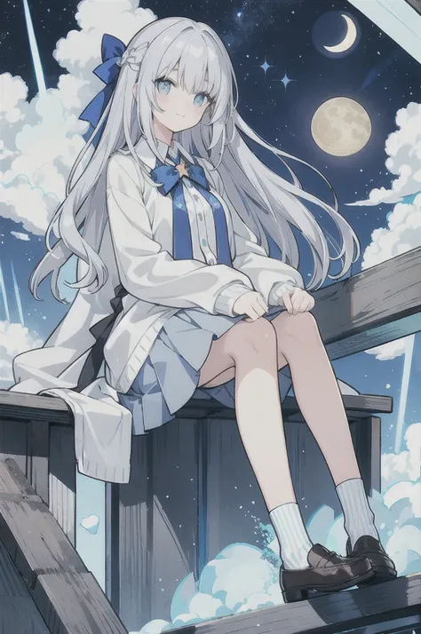 Gray hair、Very long hair · side tail on the right side · eyes of a different color 、Left eye is light blue、Right eye is gray · star-shaped pupil · small breasts · white blouse · large collar · light blue cardigan · light blue ribbon on the sleeve of the ca...