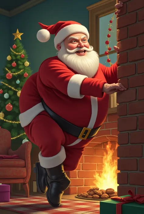 Santa Claus trying to get into the chimney