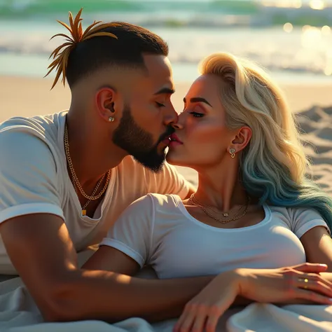 couple lying on a beach in Miami passionate kiss on the lips,Colombian man, tanned skin,brunette goatee , black eyes , blonde shaved hair , gold chain with the initial “L” ,Nike T-shirt,Nike ,Nike sneakers , and a Mexican woman ,  blond hair with marked bl...